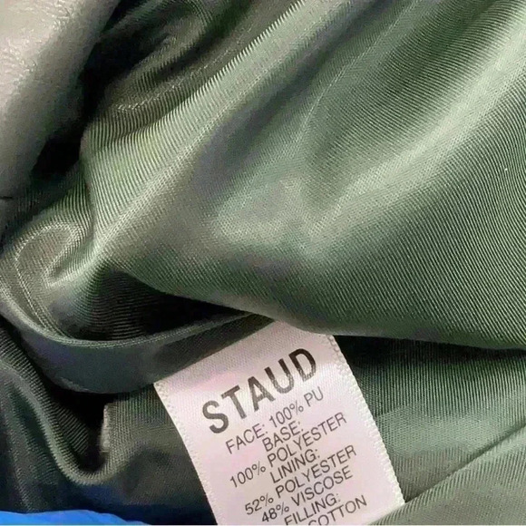 Staud Mini Skirt 6 Quilted Puff Faux Vegan Leather Green Snap Front Dice New S - Picture 8 of 8